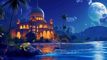 Ramadan Kareem Day And Eid Mubarak With Mosque Background, Seamless Looping 4k Time Lapse, Animation Video Background