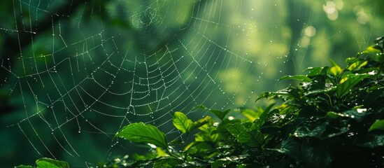 Wall Mural - Lush green foliage and trees' backdrop with a spider web