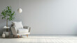 © Hina - Interior of a bright living room with armchair on empty Gray wall background
