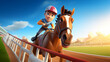3d cartoon cute Horseman athlete on horse racetrack background