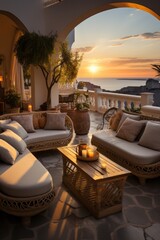 Wall Mural - Breathtaking sunset from a cliffside villa in Santorini, Greece, Generative AI