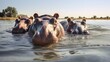 Group of hippos in the lake