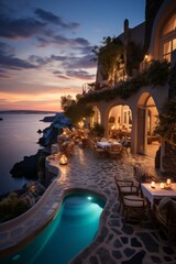 Wall Mural - Breathtaking sunset from a cliffside villa in Santorini, Greece, Generative AI