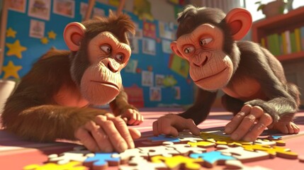 Wall Mural - Cartoon scene Two players race against each other to put together a mive puzzle but are distracted by a monkey who has managed to solve it in record time.