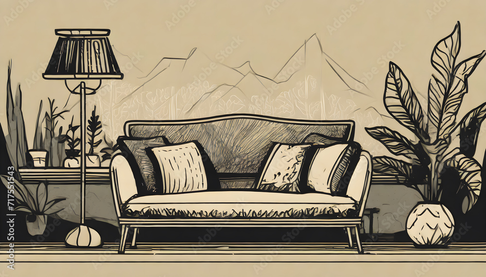 Continuous one line drawing of Sofa with lamp lampshade and home plant ...