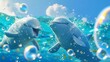 A mischievous whale blowing bubbles at her friends in the middle of a water ballet routine causing them to spin around and lose their balance in a hilarious display.