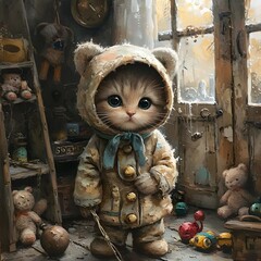Wall Mural - Cute kitten wears a teddy bear costume