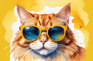 Wall Mural - Funny red cat with sunglasses sits on a yellow background.