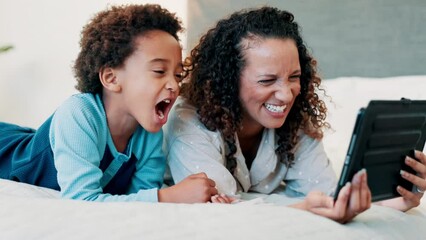 Wall Mural - Selfie, tablet and mother and son on a bed with crazy, expression or funny faces in their home. Love, family and African mom with kid in a bedroom for digital photography, profile picture or memory