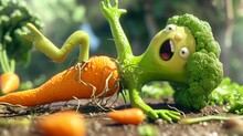 Cartoon Scene A Broccoli Attempts To Do A Headstand But Ends Up Getting Tangled In The Roots Of A Nearby Carrot Resulting In A Silly And Awkward Position.