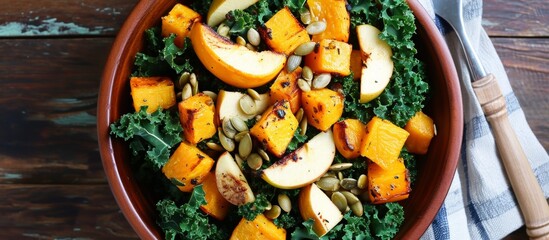 Sticker - Autumnal salad featuring kale, roasted squash, pumpkin seeds, and apples.