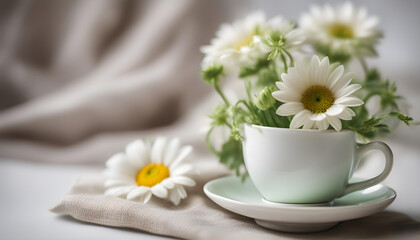 Wall Mural - Amazing summer flowers in a small cute cup on saucer decorated with linen cloth.