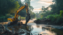 .A Photograph Of An Close-up Excavator Dredging A Riverbed