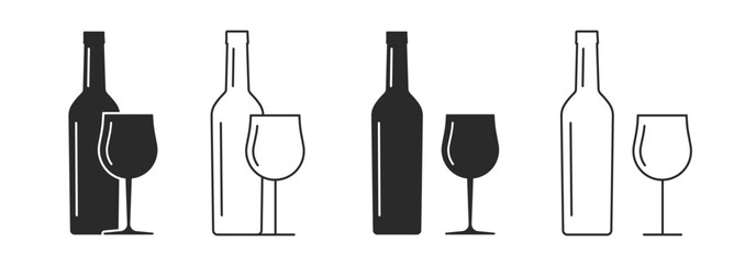 Poster - Wine bottle and glass icon vector graphic as alcohol drinks beverages sign simple pictogram black white flat glyph and line outline stroke linear art image clipart isolated shape silhouette design