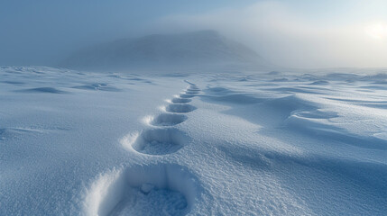 Poster - Giant, mysterious footprints leading through a snowy, untouched winter landscape