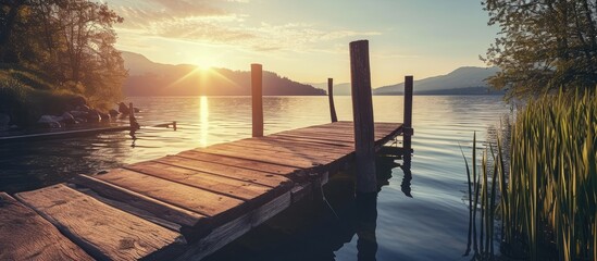 Poster - landscape of a lake at sunset and with a wooden jetty. Copy space image. Place for adding text or design