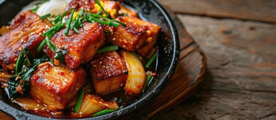 Poster - Homemade spicy pork belly cooked with kimchi spring onions onion and tofu Marinated with red chilli paste called gojuchang. Copy space image. Place for adding text or design