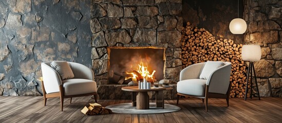 Aufkleber - Interior of living room in modern style with elements of stone Fireplace where burning fire and basket with firewood near Two armchair and little table around. Copy space image