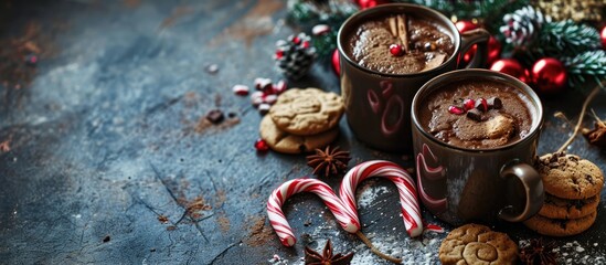 Poster - Hot cocoa with candy canes and few cookies. Copy space image. Place for adding text or design