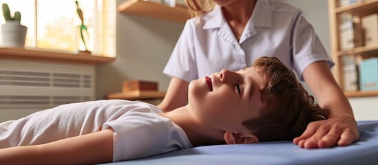 Aufkleber - osteopath does physiological and emotional therapy for kid pediatric osteopathy treatment session alternative medicine taking care of the child s health. Copy space image