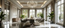 Front View Of Stylish And Light Dining Room With Big Windows And Crystal Chandelier In Center Of Ceiling Luxury Interior Of Big Room With Wooden Table In Center And Armchairs Around. Copy Space Image