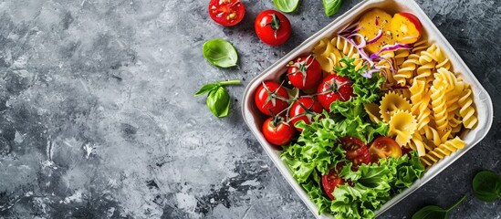 Poster - Lunch Box With Cherry Tomatoes Salad Pasta. Copy space image. Place for adding text or design
