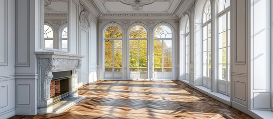 Aufkleber - interior of an house empty room with fireplace parquet floor and white walls. Copy space image. Place for adding text or design