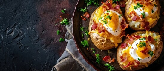 Poster - Homemade Loaded Baked Potatoes with Bacon Cheddar and Sour Cream. Copy space image. Place for adding text or design