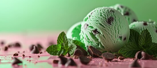 Poster - Organic Green Mint Chocolate Chip Ice Cream. Copy space image. Place for adding text or design