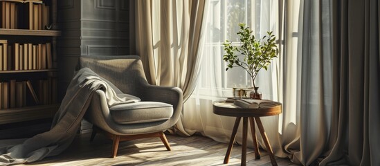 Aufkleber - Light living space in modern apartment Sophistication soft grey armchair against windows with linen curtains Contemporary furniture and decor in comfortable room Open book or diary on wooden ta
