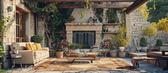 Aufkleber - Luxury outdoor relaxing living room with large stone fireplace TV rug and beige sofa. Copy space image. Place for adding text or design