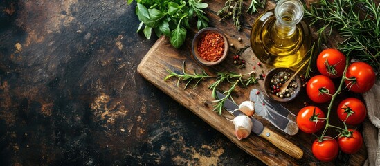 Wall Mural - Organic vegetarian ingredients olive oil and seasoning on rustic wooden cutting board over dark vintage background with space for text top view Healthy food vegan or diet nutrition concept