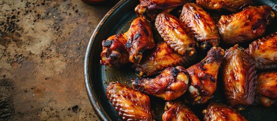 Poster - Grilled chicken wings on plate Top view flat lay. Copy space image. Place for adding text or design
