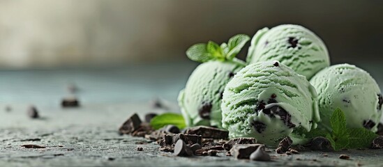 Poster - Organic Green Mint Chocolate Chip Ice Cream. Copy space image. Place for adding text or design