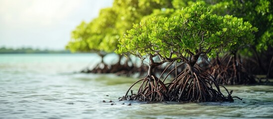 Poster - mangrove trees on shoreline conservation land from seawater abrasion. Copy space image. Place for adding text or design