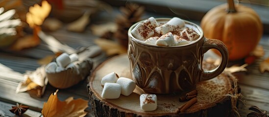 Poster - Hot cocoa drink with marshmallows and cinnamon in a mug on a wooden board with autumn leaves. Copy space image. Place for adding text or design