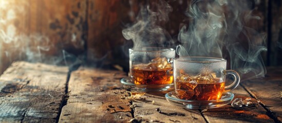 Poster - Hot tea in glass teapot and cup with steam on wood background. Copy space image. Place for adding text or design