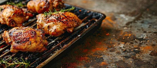 Poster - Grilled chicken thighs on a charcoal barbecue grill being cooked with seasoning and sauce. Copy space image. Place for adding text or design