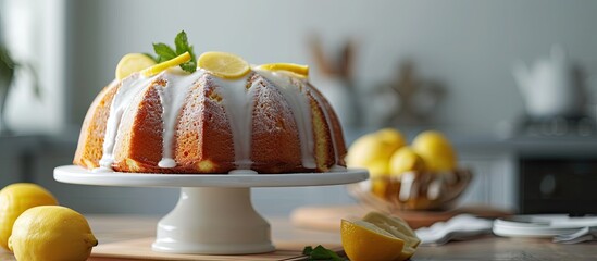 Poster - Lemon bundt cake drizzled with powdered sugar glaze on a cake stand. Copy space image. Place for adding text or design