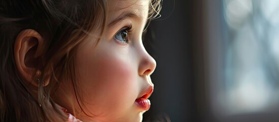 Poster - Macro of a little girl s mouth curling her tongue into a U shape a genetic trait inherited from her parents. Copy space image. Place for adding text or design
