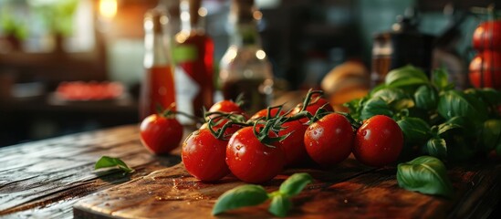 Poster - Italian tomato paste with basil beautiful serving in the restaurant. Copy space image. Place for adding text or design