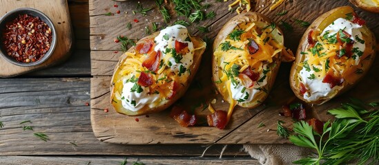 Poster - Homemade Loaded Baked Potatoes with Bacon Cheddar and Sour Cream. Copy space image. Place for adding text or design