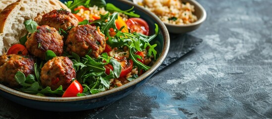 Poster - grilled meatball with salad bulgur pilaf and thin bread. Copy space image. Place for adding text or design