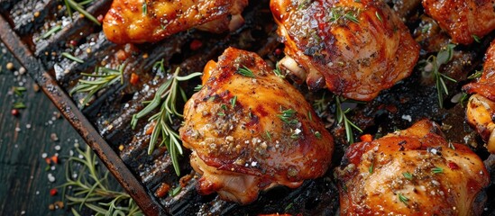 Poster - Grilled chicken thighs on a charcoal barbecue grill being cooked with seasoning and sauce. Copy space image. Place for adding text or design