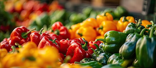 Poster - Growing sweet peppers in a greenhouse close up Fresh juicy red and yellow peppers on the branches close up Agriculture large crop of round pepper. Copy space image. Place for adding text or design