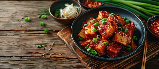 Poster - Homemade spicy pork belly cooked with kimchi spring onions onion and tofu Marinated with red chilli paste called gojuchang. Copy space image. Place for adding text or design