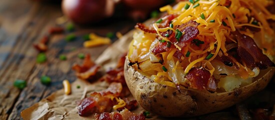 Poster - Hot baked potato topped with bacon green onions and cheddar cheese. Copy space image. Place for adding text or design