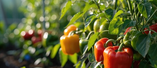 Poster - Growing sweet peppers in a greenhouse close up Fresh juicy red and yellow peppers on the branches close up Agriculture large crop of round pepper. Copy space image. Place for adding text or design