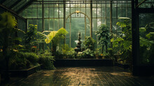 Glasshouse In A Botanical Garden Surrounded By Lush