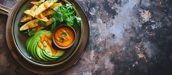 Poster - Homemade Breaded Fried Avocado Fries with Chipotle Sauce. Copy space image. Place for adding text or design